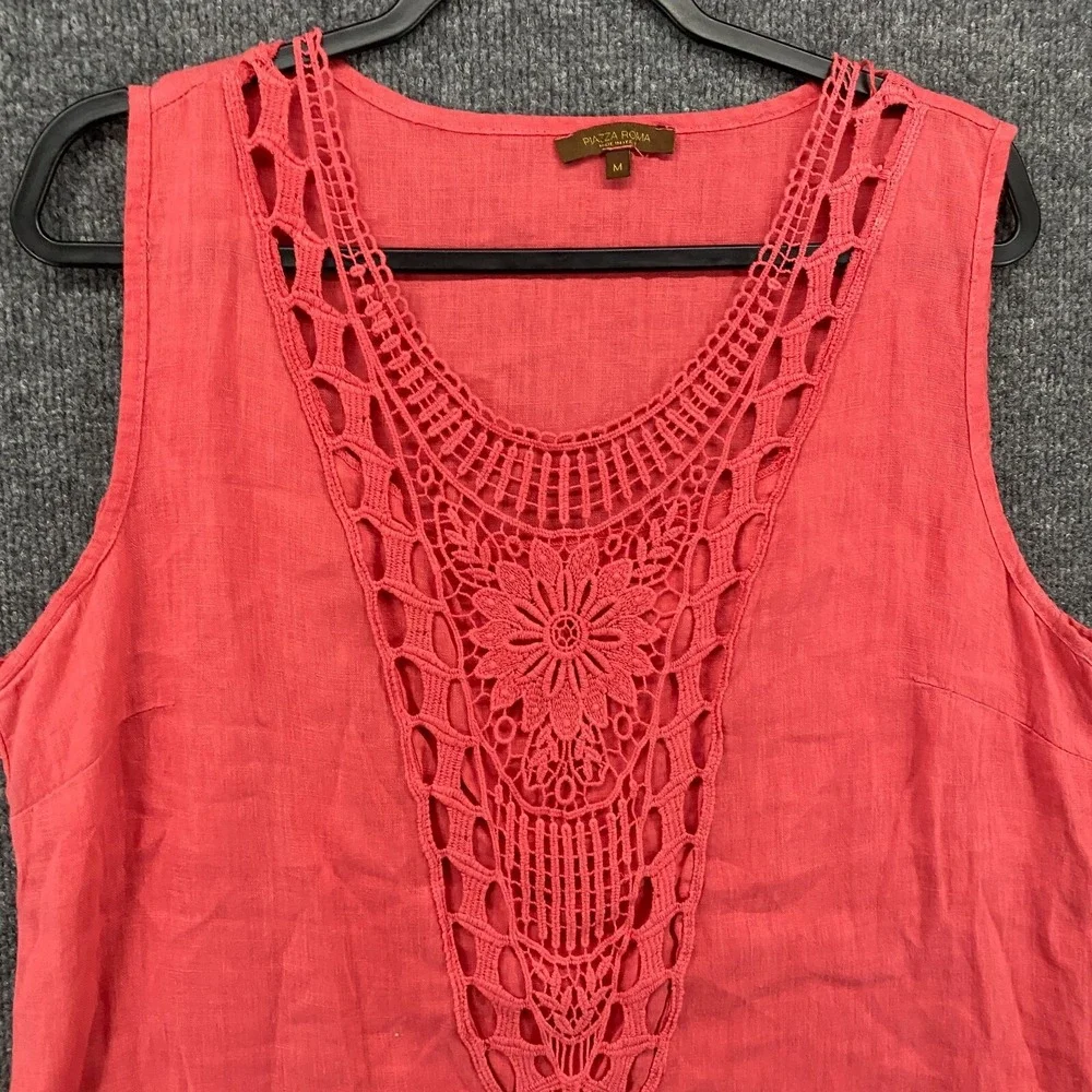 Plazza Roma Linen Top Womens M Pink Crochet Neck Sleeveless Coastal Resort Italy